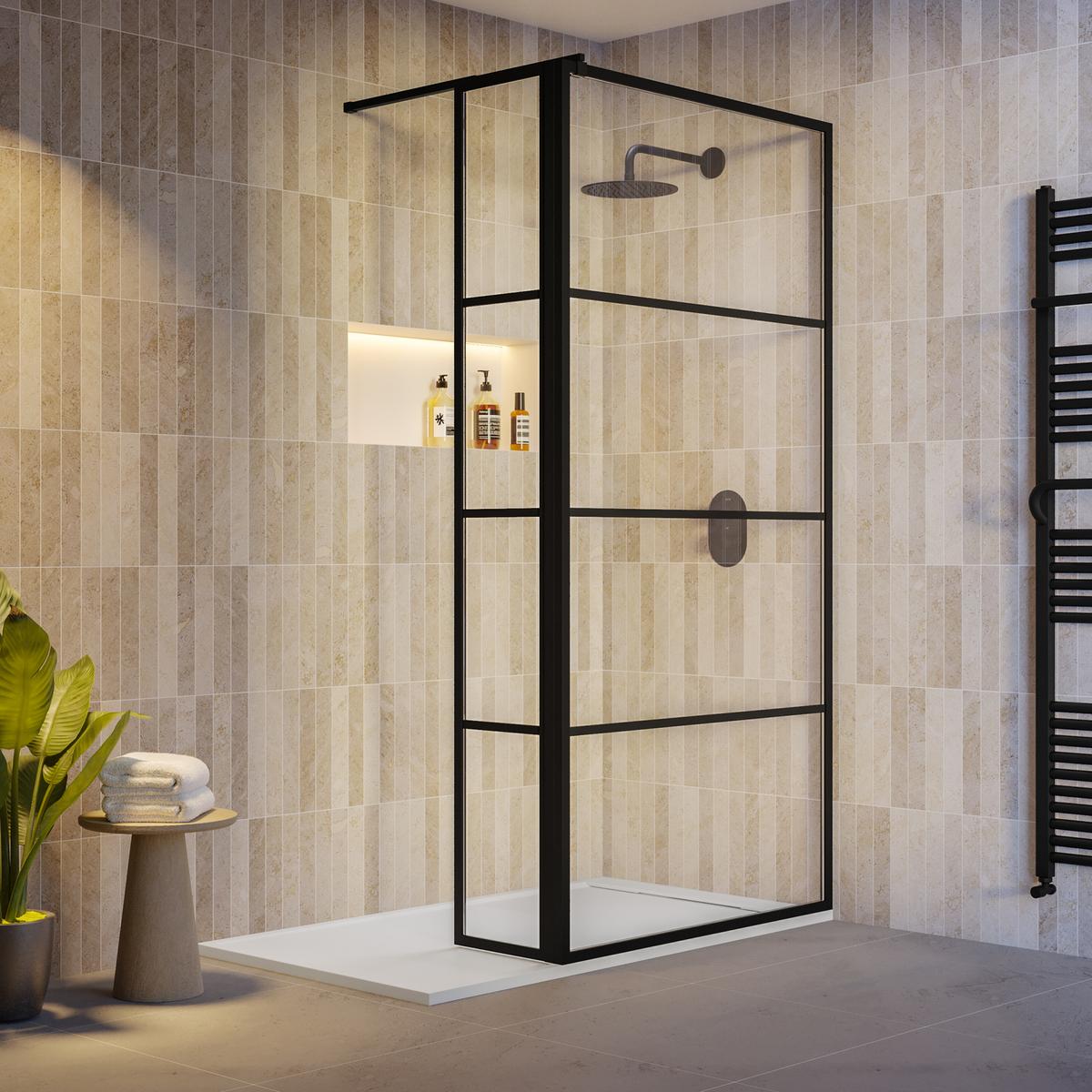 1000mm Black Grid Shower Screen for Wet Room & Walk In Shower with 300mm Hinged Panel - Nova