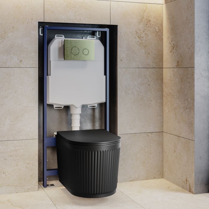 Matt Black Fluted Wall Hung Rimless Toilet with Soft Close Seat, Brushed Brass Mechanical Flush Plate, 1168mm Frame & Cistern – Oregon