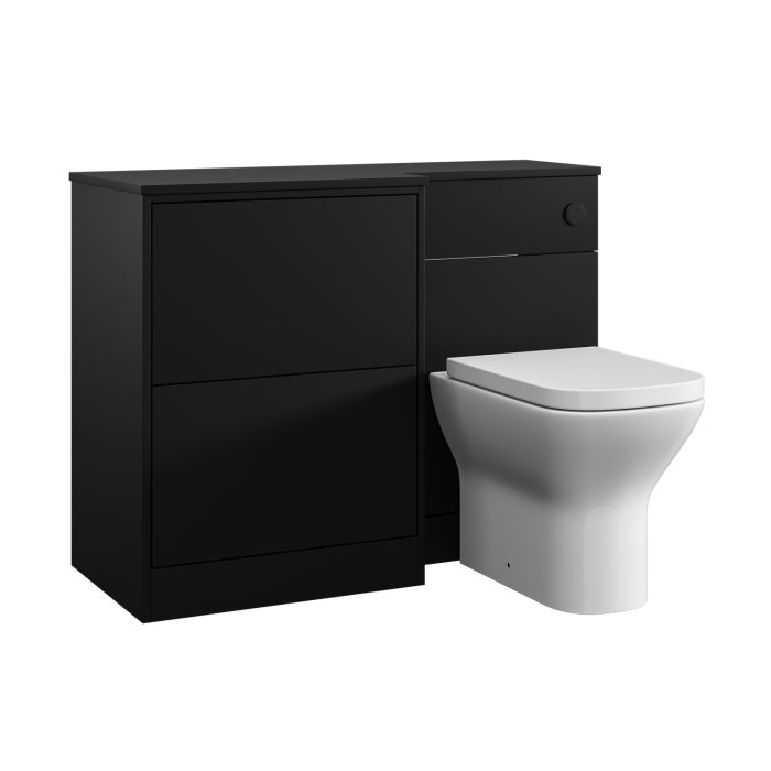 1100mm Black Left Hand Toilet and Sink Unit with Round Toilet and Matt Black Push Button - Palma