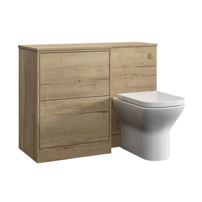 1100mm Wood Effect Left Hand Toilet and Sink Unit with Round Toilet and Brushed Brass Push Button- Palma