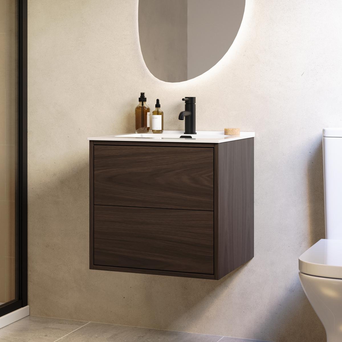 500mm Walnut Wood Effect Wall Hung Vanity Unit with Basin - Palma