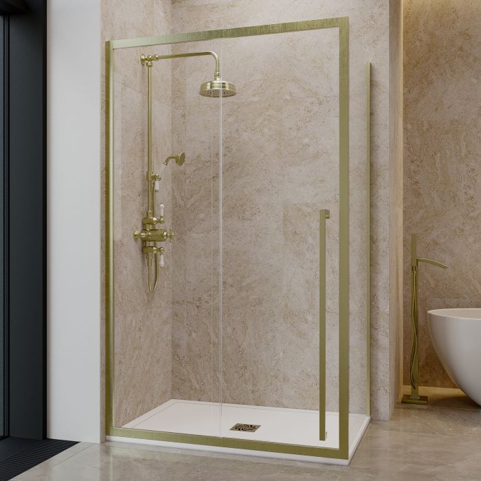 ALMOST PERFECT - 1200x800mm Brushed Brass 8mm Glass Sliding Shower Enclosure with Extended Handle - Pavo