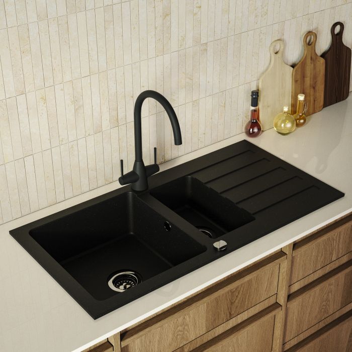 1.5 Bowl Black Inset Composite Kitchen Sink and Reversible Drainer With Matt Black Dual Lever kitchen Tap Set - Enza