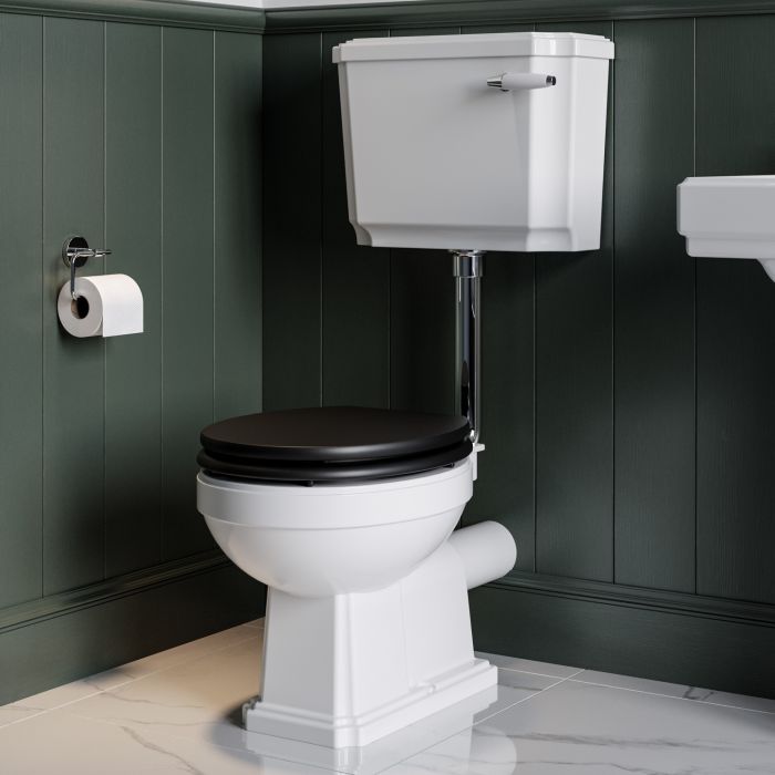 Close Coupled Traditional Low Level Short Projection Toilet with Black Wooden Soft Close Seat & Chrome Fittings - Park Royal