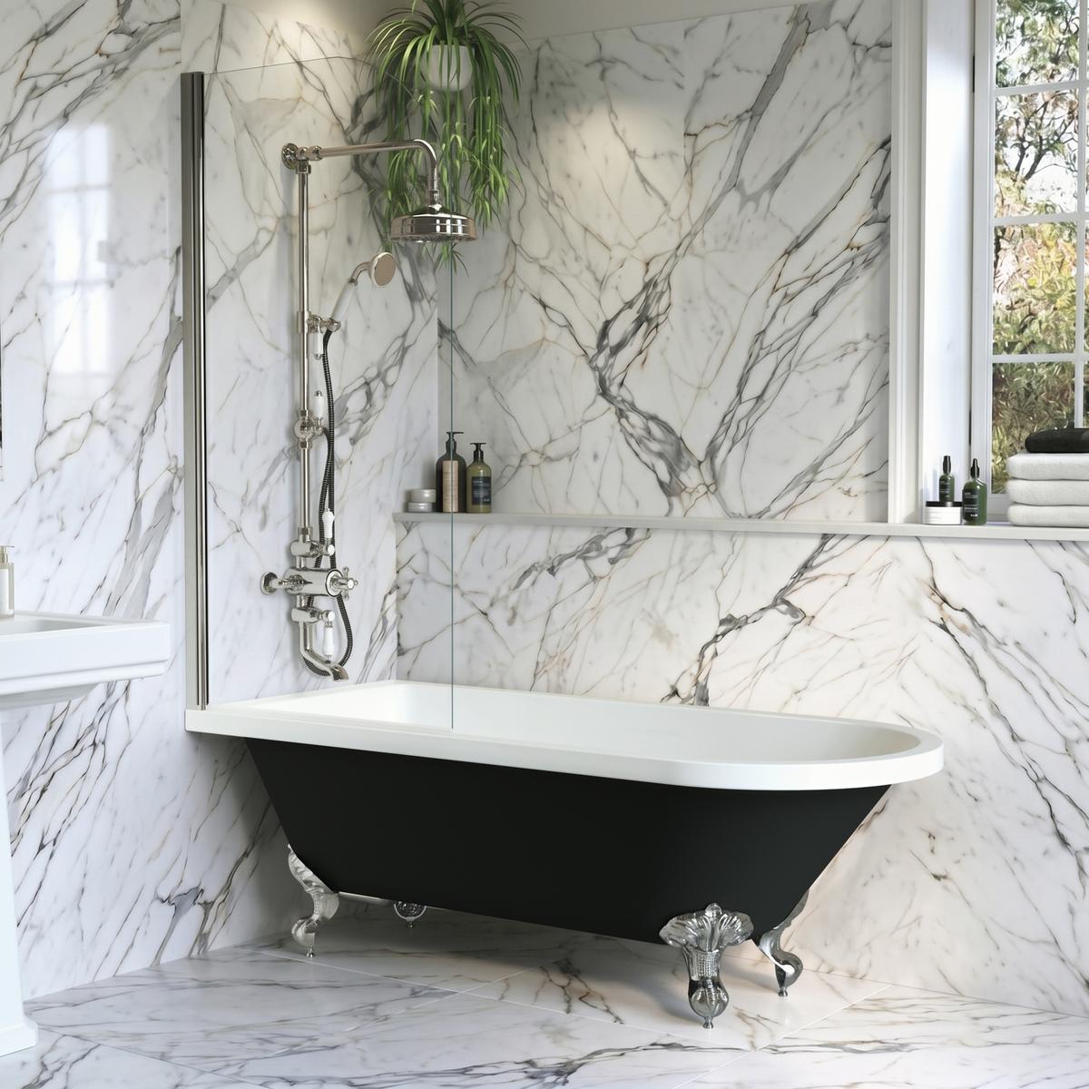 Black Freestanding Single Ended Shower Bath with Chrome Screen & Feet 1670 x 740 mm - Park Royal