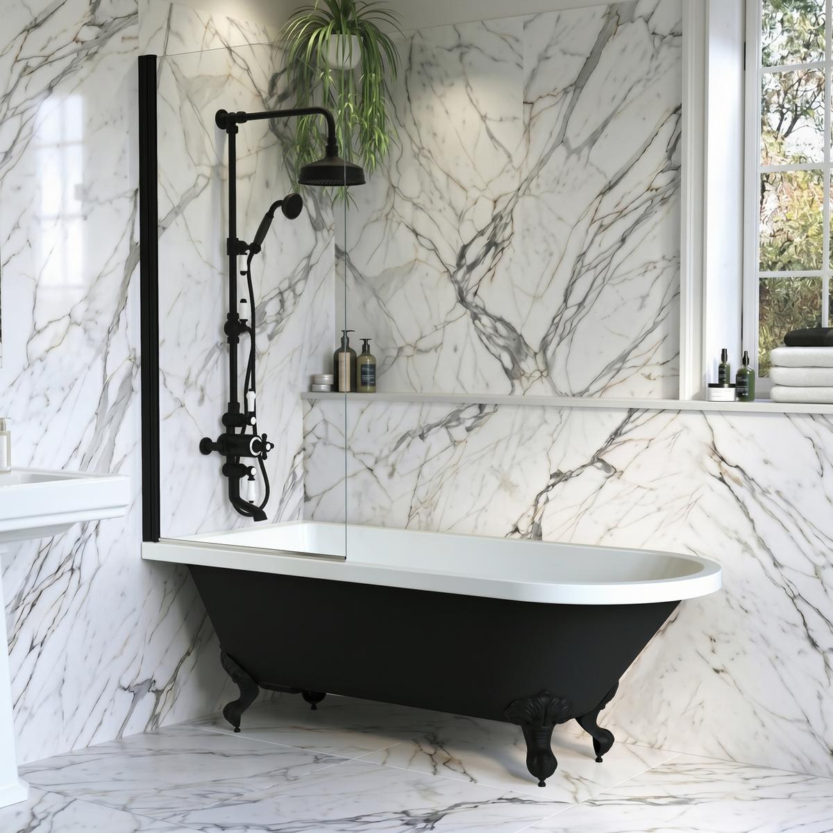 Black Freestanding Single Ended Shower Bath with Black Screen & Feet 1670 x 740 mm - Park Royal