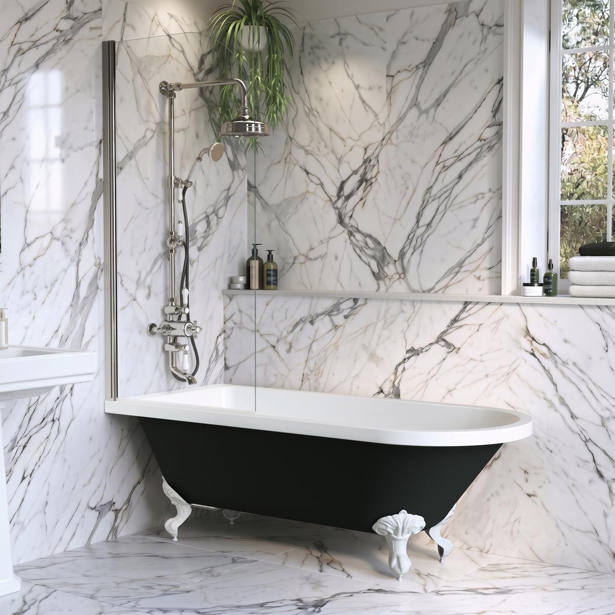 Black Freestanding Single Ended Shower Bath with Chrome Screen & White Feet 1670 x 740 mm - Park Royal