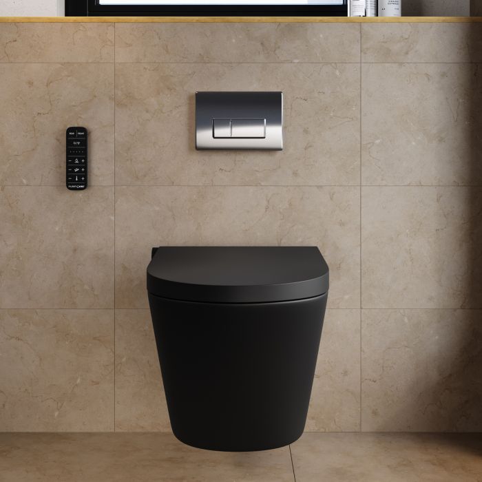 Matt Black Wall Hung Smart Bidet Japanese Toilet & 820mm Frame Cistern with Polished Chrome  Pneumatic Flush Plate - Purificare