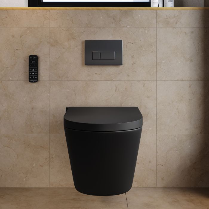 Matt Black Wall Hung Smart Bidet Japanese Toilet & 820mm Frame Cistern with Gunmetal Grey  Pneumatic Flush Plate - Purificare
