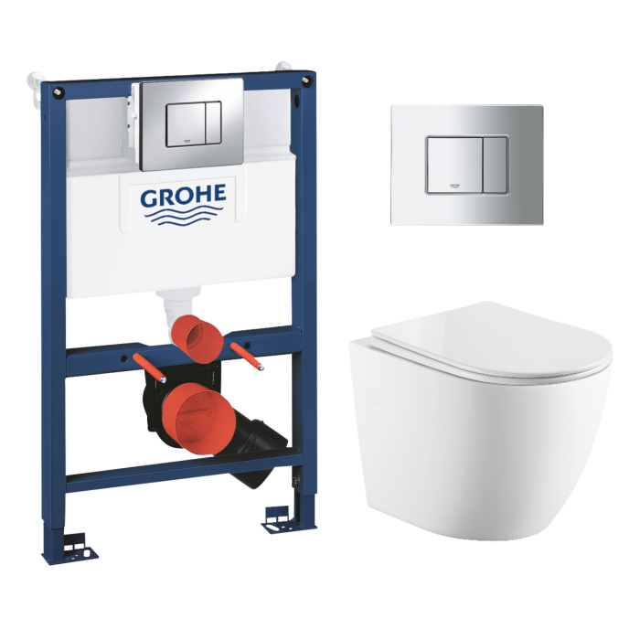 Wall Hung Rimless Toilet & Grohe Frame Cistern and Chrome Flush Plate - Roma