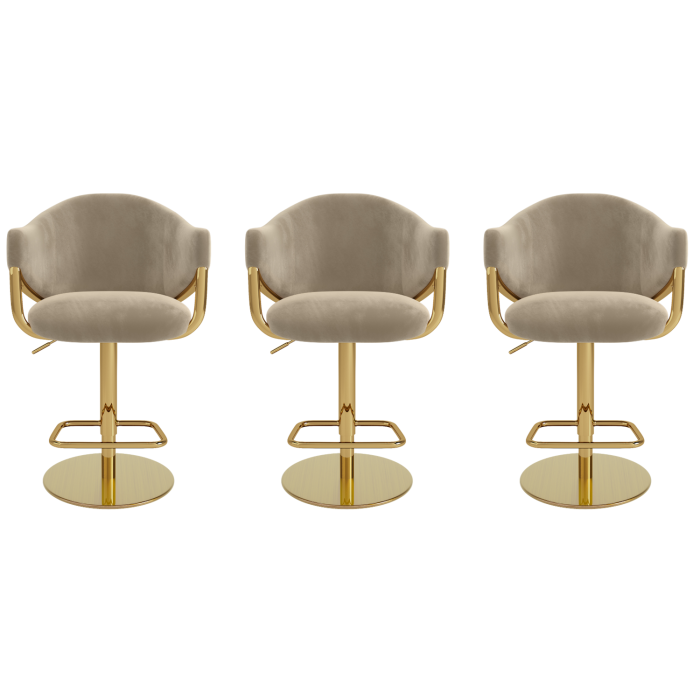 Set of 3 Beige Velvet Adjustable Swivel Bar Stools with Gold Base - Ronnie