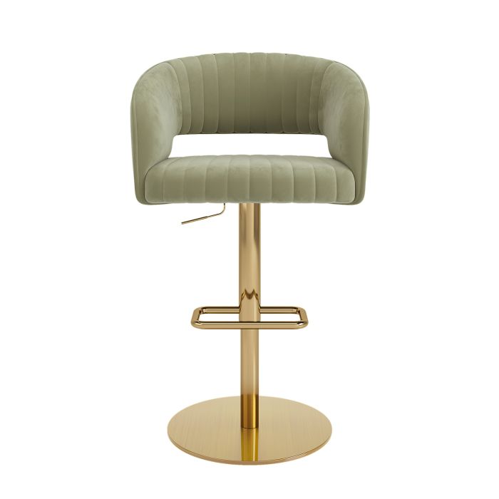 ALMOST PERFECT - Curved Sage Green Velvet Adjustable Swivel Bar Stool with Gold Metal Base - Runa