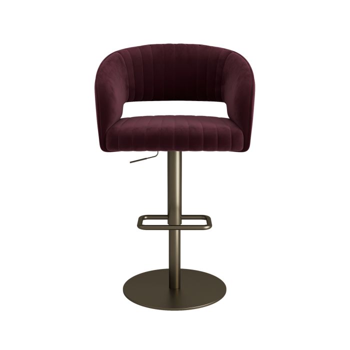 Curved Burgundy Velvet Adjustable Swivel Bar Stool with Brass Base - Runa