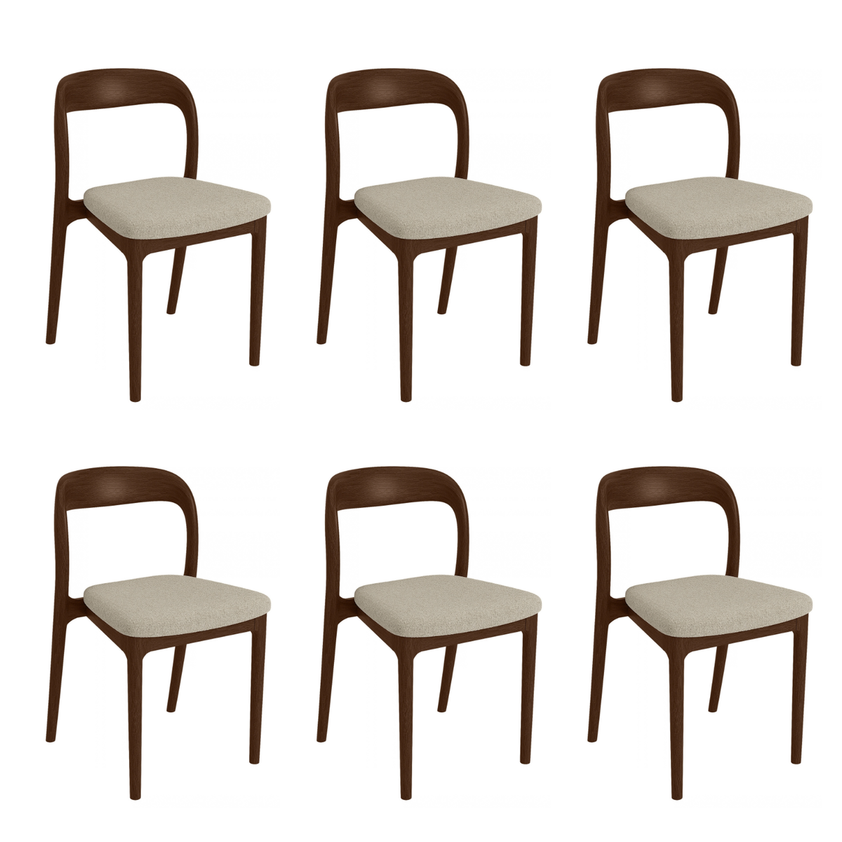 Set of 6 Beige Upholstered Dining Chairs with Walnut Solid Wood Frame - Uma