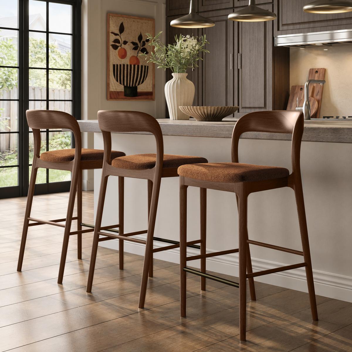 Set of 3 Rust Upholstered Kitchen Stools with Walnut Solid Wood Frames - Uma