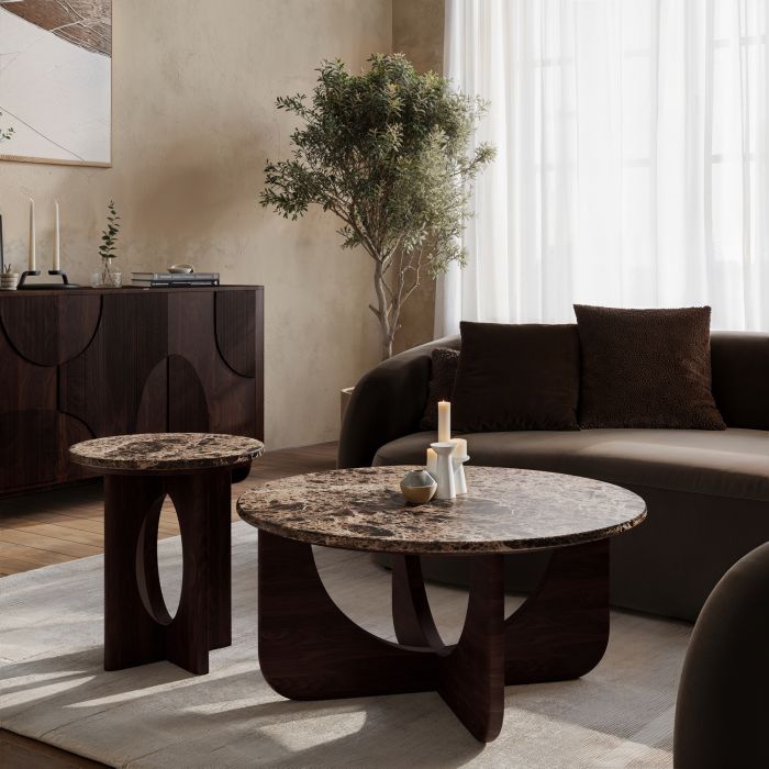 Round Brown Marble and Walnut Effect Nest of 2 Tables - Ivan