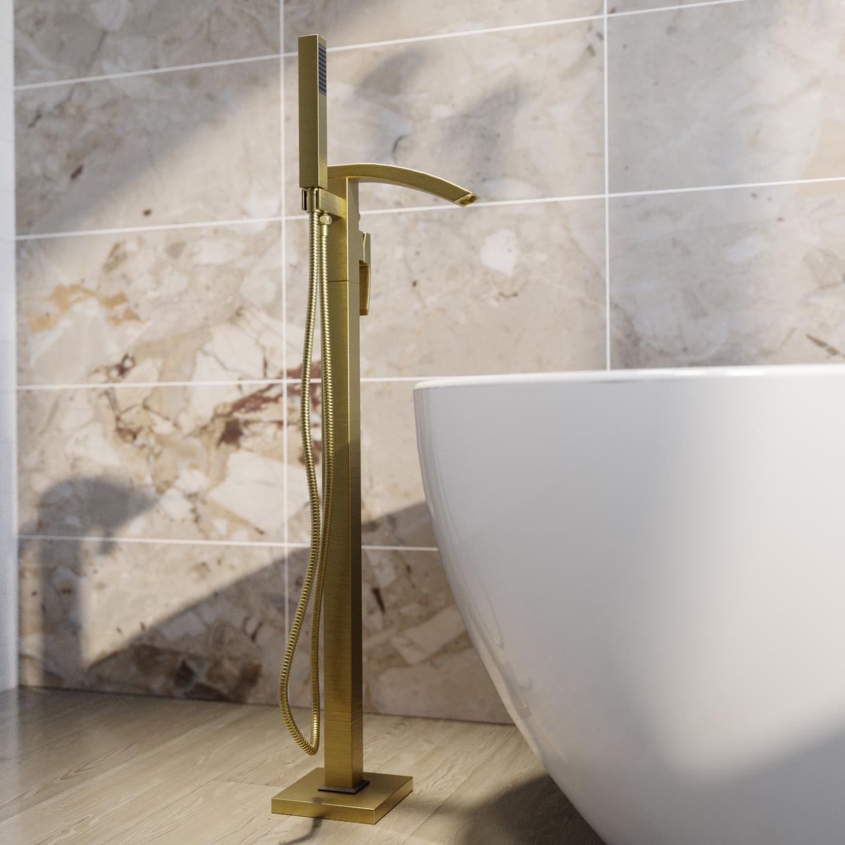 ONLY OPENED - Brushed Brass Freestanding Bath Shower Mixer Tap - Wave