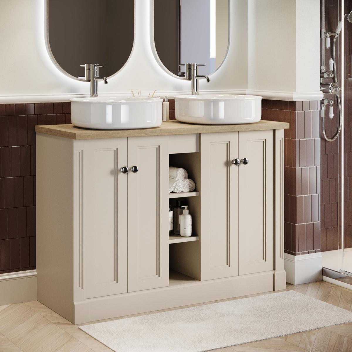 1200mm Beige Freestanding Double Countertop Vanity Unit with Basin and Wood Worktop - Windsor