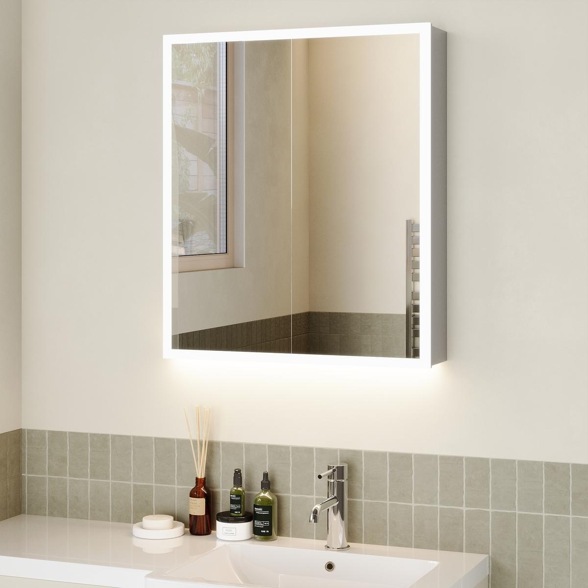 Double Door Chrome Bathroom Mirror Cabinet with Lights, Bluetooth Speaker & Demister 600 x 700mm - Ursa
