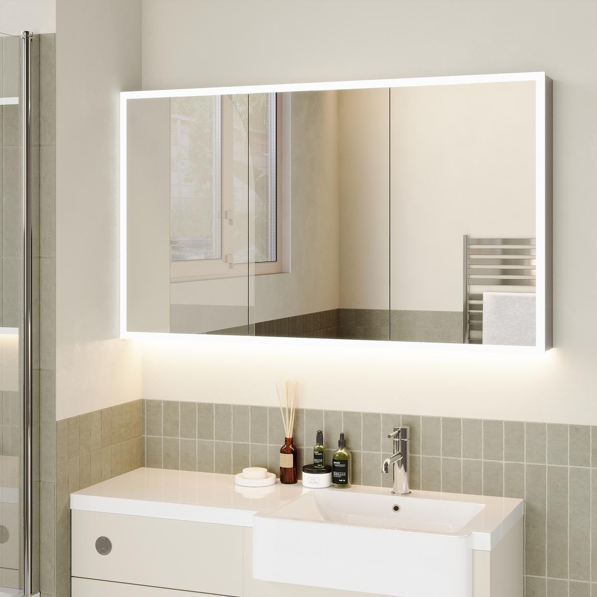 Triple Door Chrome Bathroom Mirror Cabinet with Lights Bluetooth Speaker & Demister 1200 x 700mm - Ursa