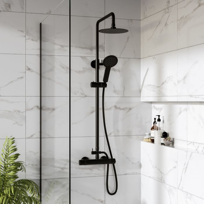 ONLY OPENED - Black Thermostatic Mixer Bar Shower with Round Overhead & Handset - Arissa