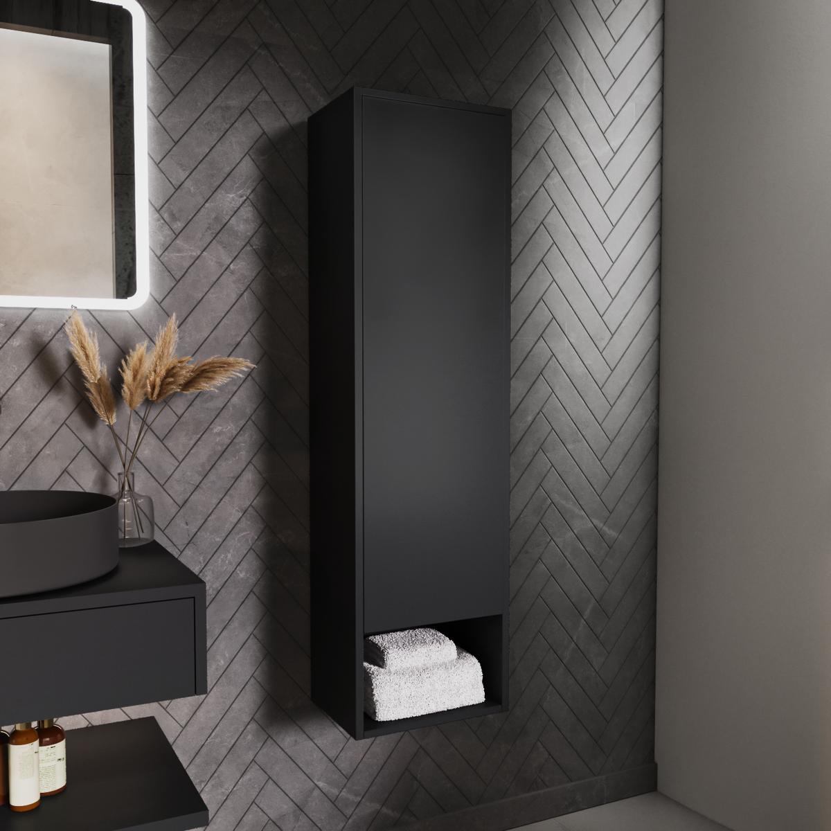GRADE A1 - Black Wall Mounted Tall Bathroom Cabinet 350mm - Lugo