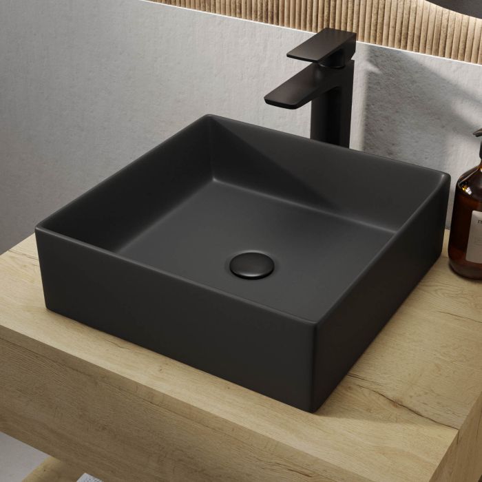 ONLY OPENED - Matt Black Square Countertop Basin 350mm - Corey