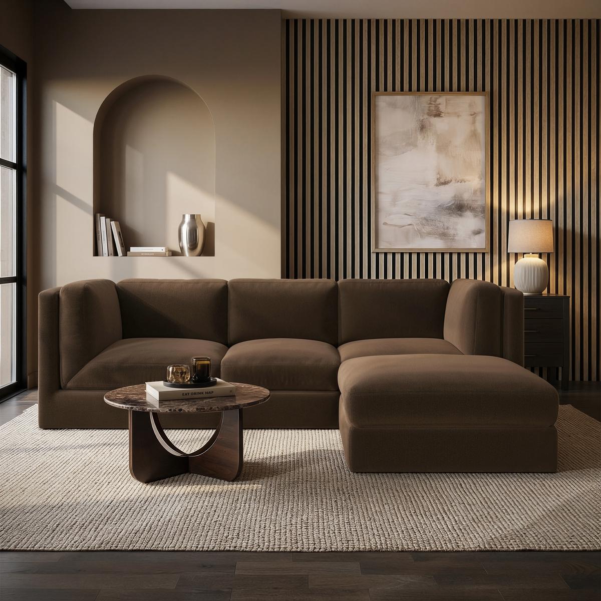 Brown Chenille 4 Seater L-Shape Modular Chaise Corner Sofa - Cameron