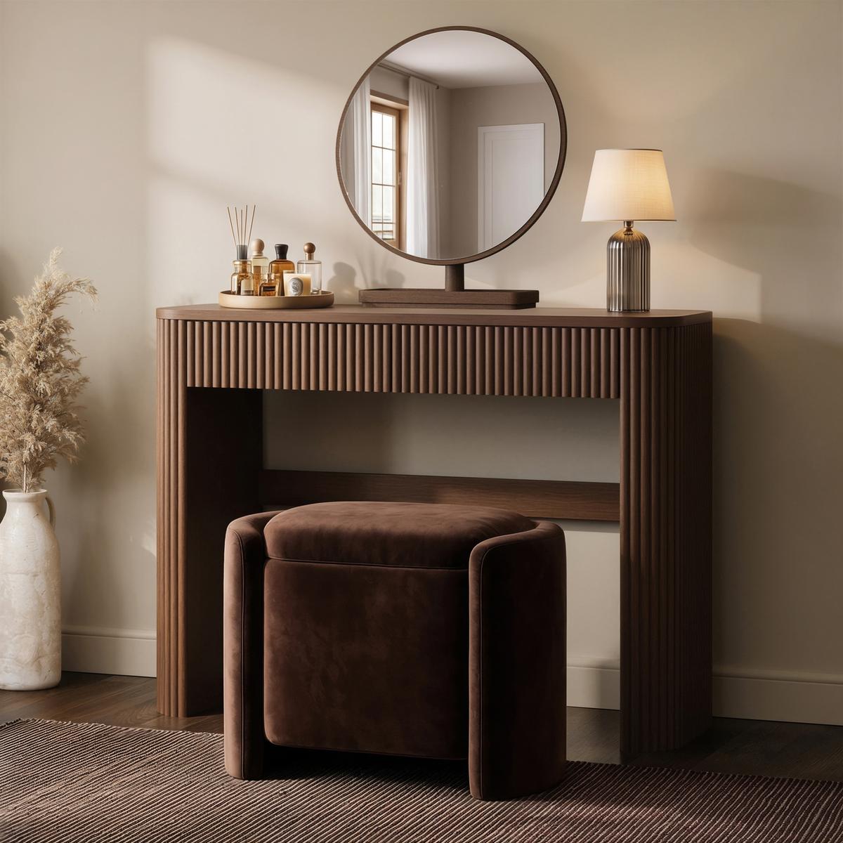 Walnut Ribbed Dressing Table with Drawer and Mirror - Fully Assembled - Drew