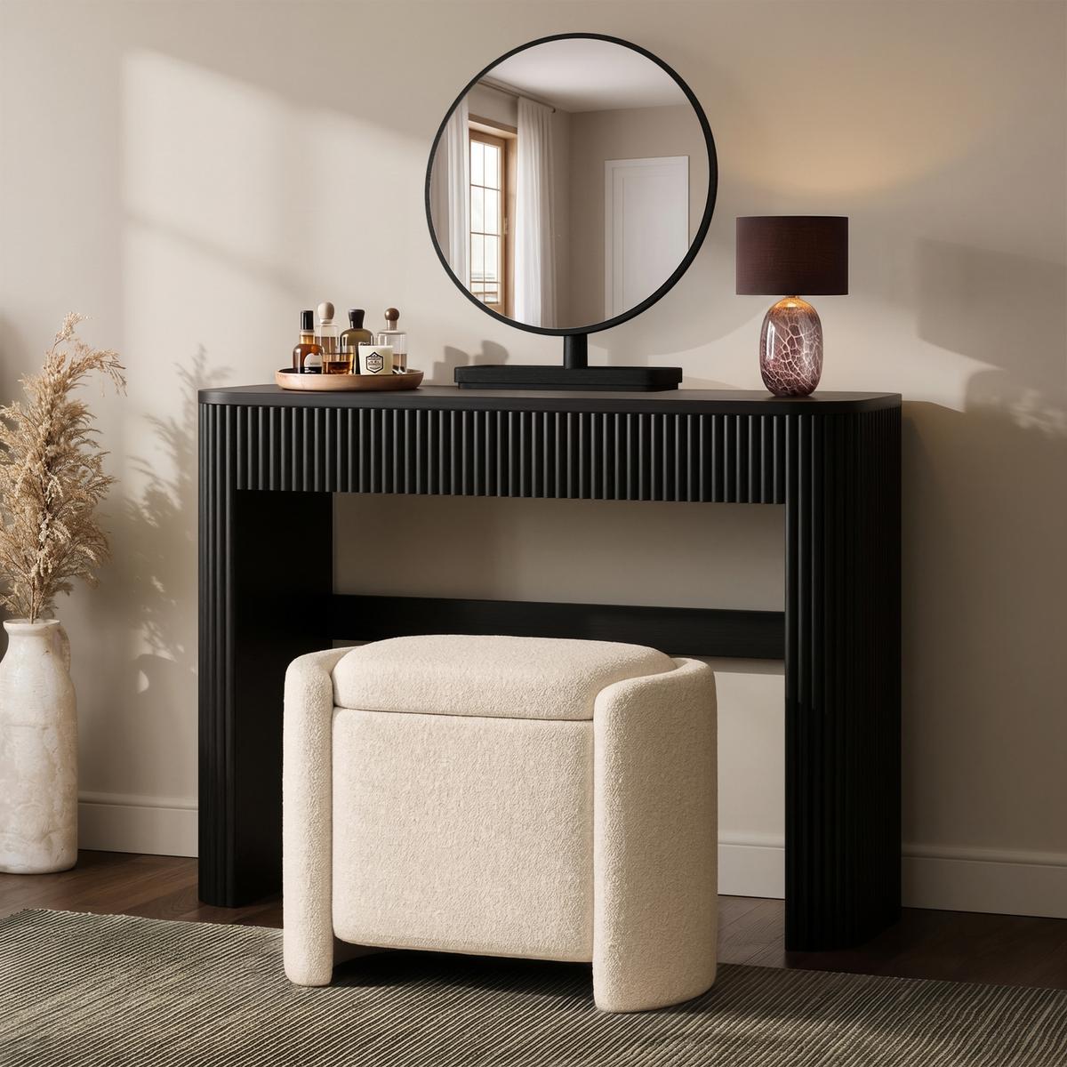 Black Ribbed Dressing Table with Drawer and Mirror - Fully Assembled - Drew