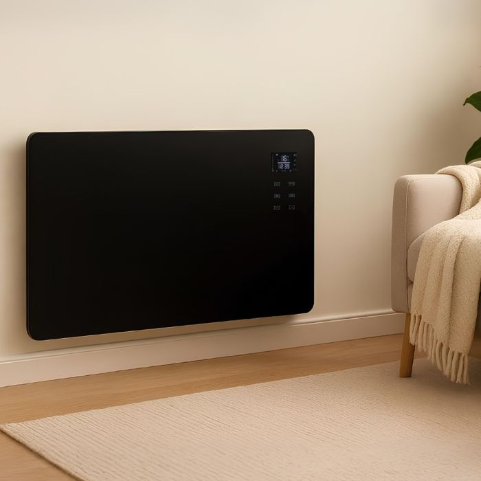 Refurbished electriQ 2000W Smart Designer Glass Panel Heater - Wall Mountable & Bathroom Safe - Black