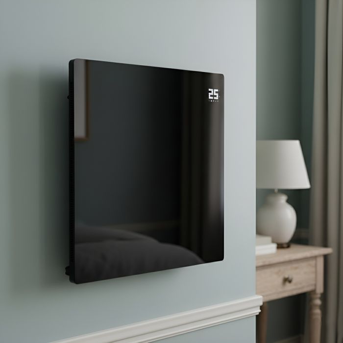 Refurbished Low Energy 350W Smart Infrared Designer Glass Panel Heater - IP44 Bathroom Safe Wall Mountable or Free Standing 600x600mm - Black