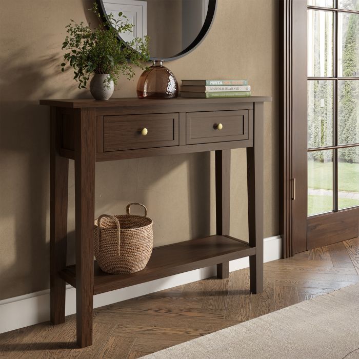 GRADE A1 - Small Narrow Walnut Console Table with Drawers - Elms