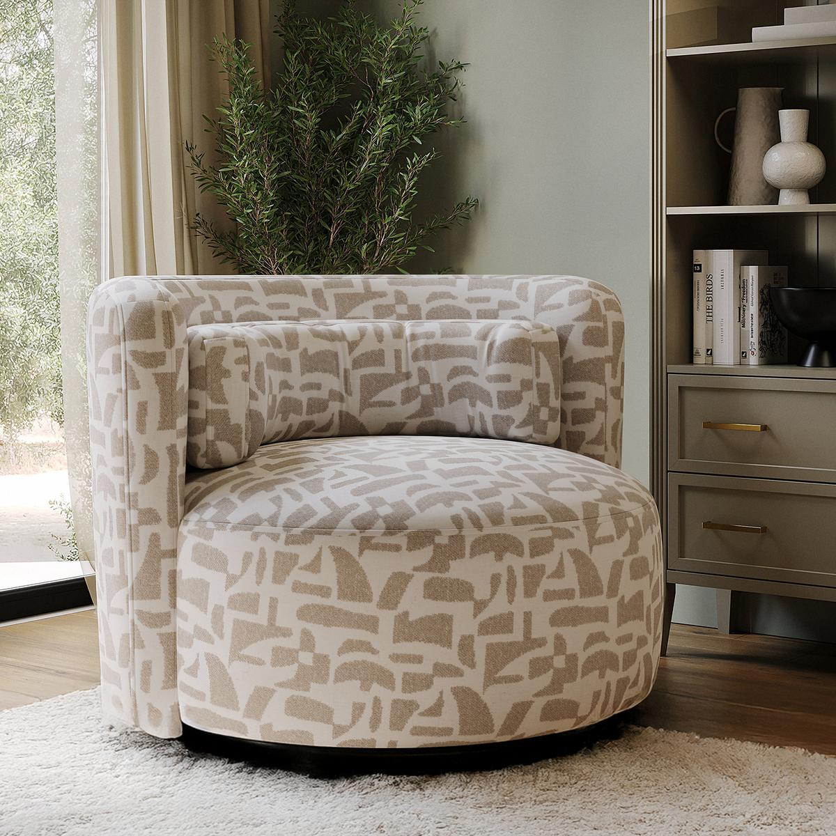 GRADE A1 - Beige Jacquard Patterned Fabric Swivel Love Seat - Elara
