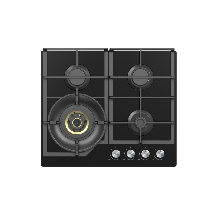 electriQ 60cm 4 Burner Gas on Glass Hob with Rapid Wok Burner - Black