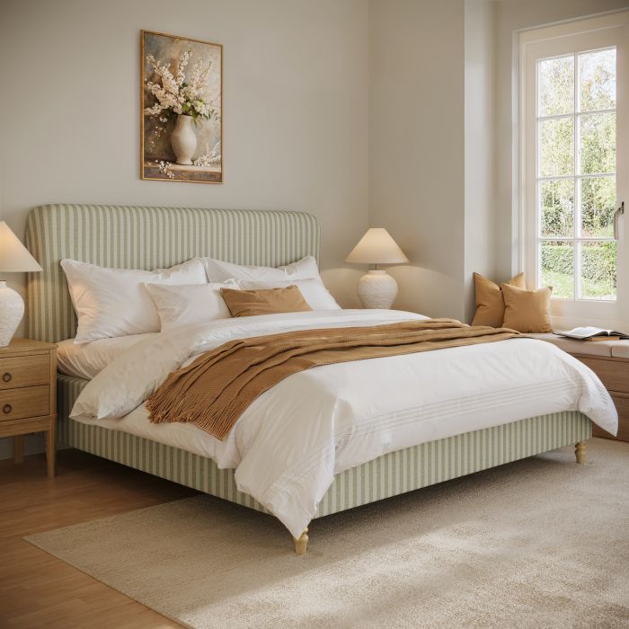 Green Striped Upholstered Super King Ottoman Bed with Curved Headboard - Farrow