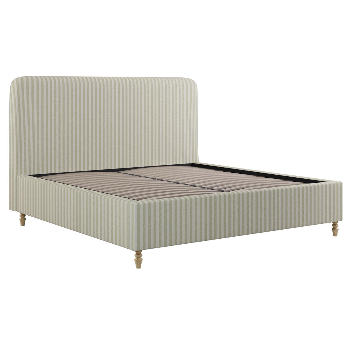 Green Striped Upholstered Super King Ottoman Bed with Curved Headboard - Farrow