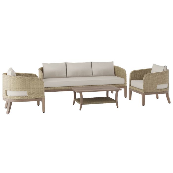 5 Seater Beige Rattan Garden Sofa Set with Wooden Coffee Table