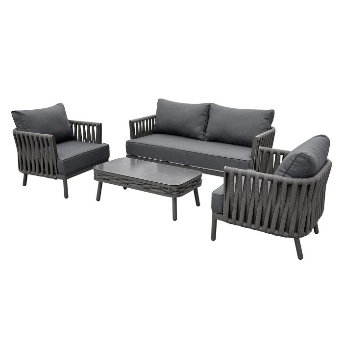 4 Seater Charcoal Rope Detail Sofa and Armchair Set with Coffee Table