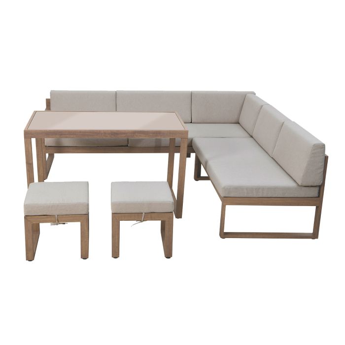 7 Seater Beige Garden Corner Sofa Set with Cushioned Stools & Matching Table