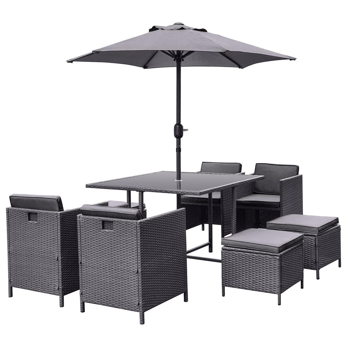 8 Seater Grey Rattan Cube Garden Dining Set with Matching Parasol