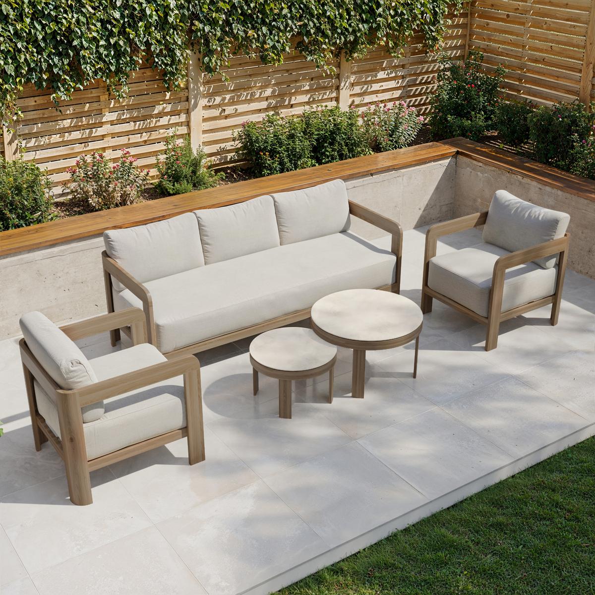 5 Seater Aluminium Wood Effect Beige Garden Sofa Set with Nesting Tables