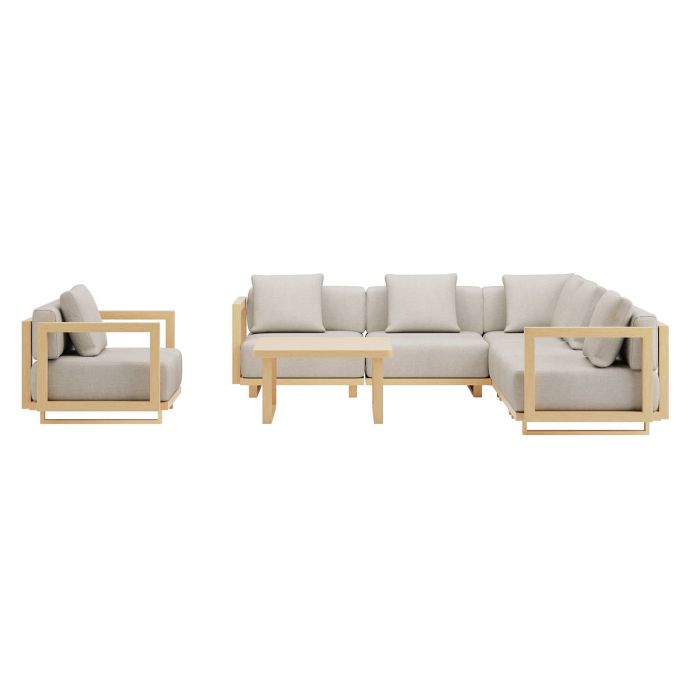 6 Seater Beige Aluminium Wood Effect Garden Sofa with Matching Coffee Table