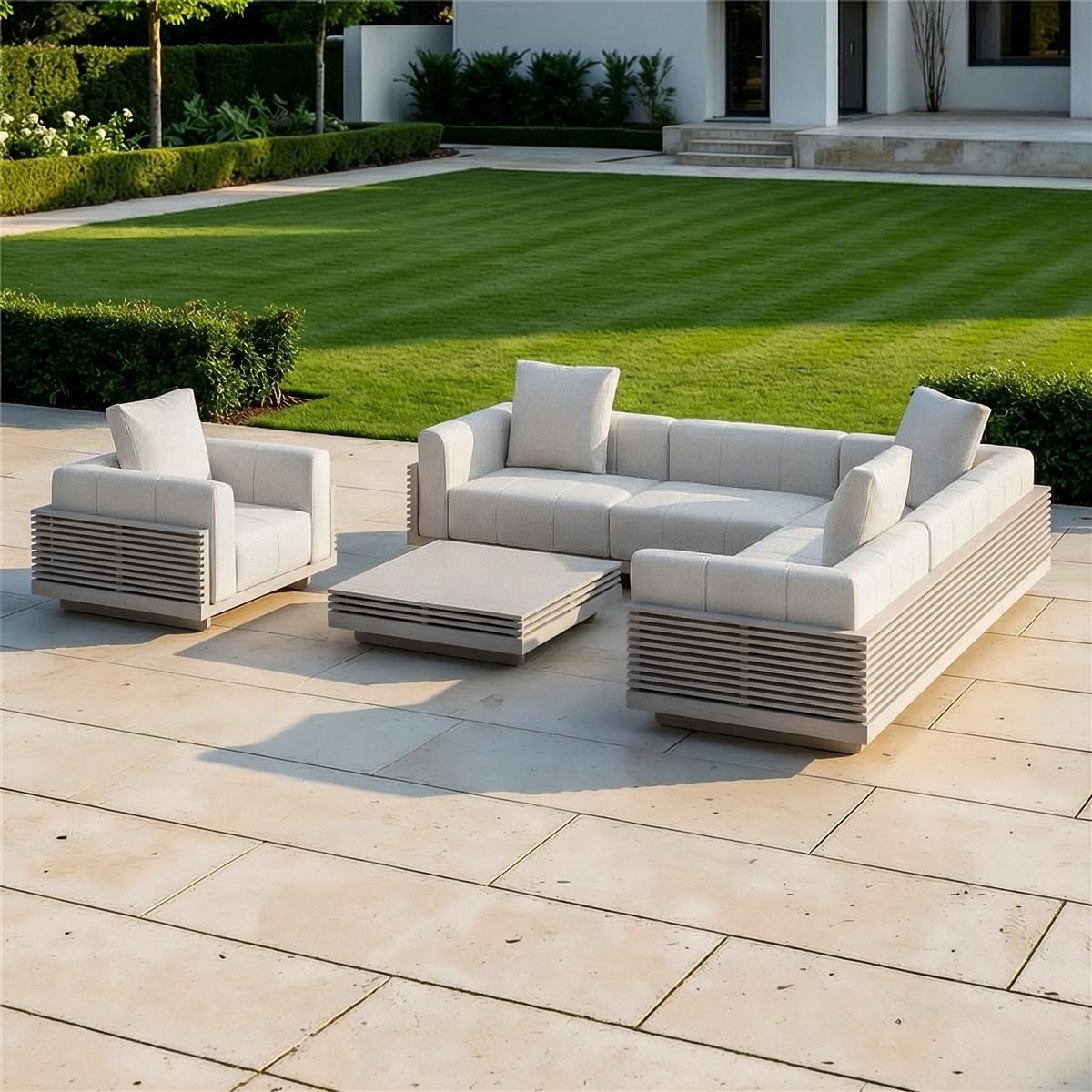 GRADE A1 - 6 Seater Beige Fluted Garden Corner Sofa & Armchair Set with Coffee Table