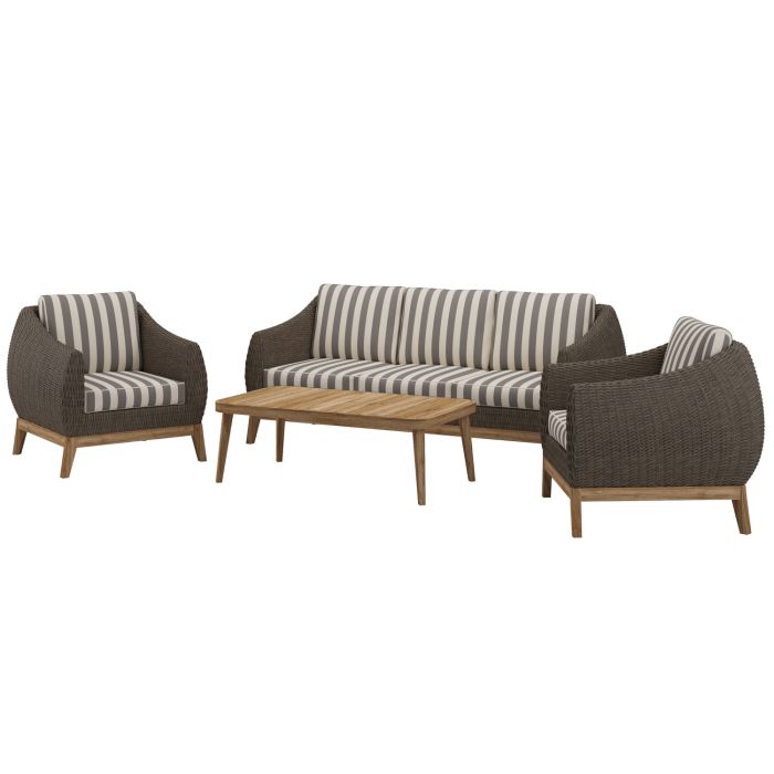 5 Seater Brown Rattan Garden Sofa Set with Striped Cushions & Coffee Table