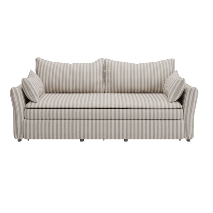 3 Seater Pull-Out Sofa Bed with Storage in Beige Striped Chenille - Gaia