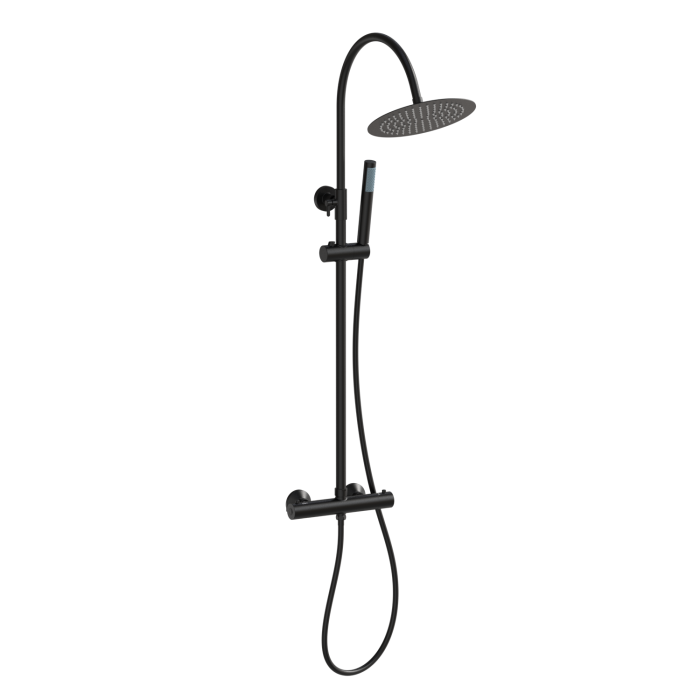 ALMOST PERFECT - Black Thermostatic Mixer Shower Set with Rainfall-Style Curved Arm Hand Shower with Slide Rail Kit - Grace