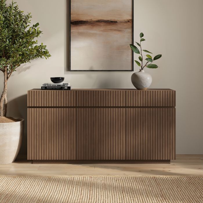 Large Walnut Fluted Sideboard with Cupboards and Drawers - Hazel