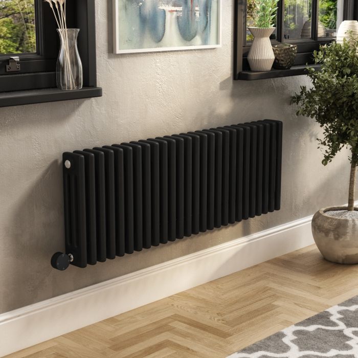 Refurbished - Midnight Black Electric Horizontal Column Radiator 1.2kW with Wi-Fi Thermostat - H400xW1190mm - IPX4 Bathroom Safe