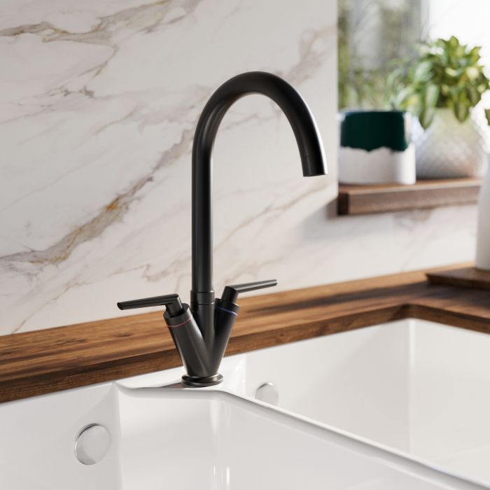 Matt Black Dual Lever Kitchen Mixer Tap - Essence Hector